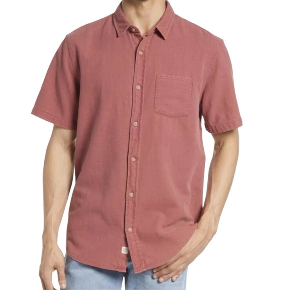 Marine Layer Men'sSelvage Short Sleeve Button Up Dusty Red  Button Down Small
